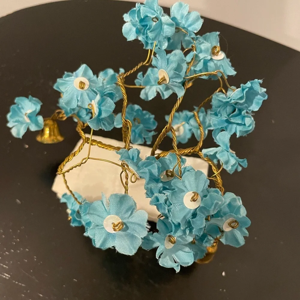 VTG Prosperity Tree Brass bells & beautiful blue Fabric Flowers w/marble Base